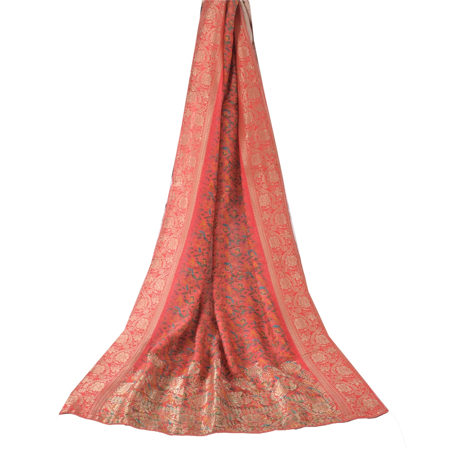 Sanskriti Vintage Salmon Dupatta Long Stole Blend Silk Hand Woven Printed Hijab