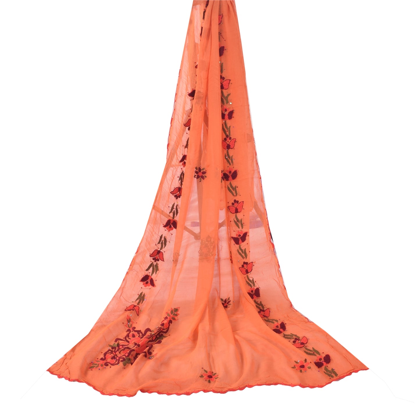 Sanskriti Vintage Orange Dupatta Long Stole Pure Georgette Embroidered Wrap Veil