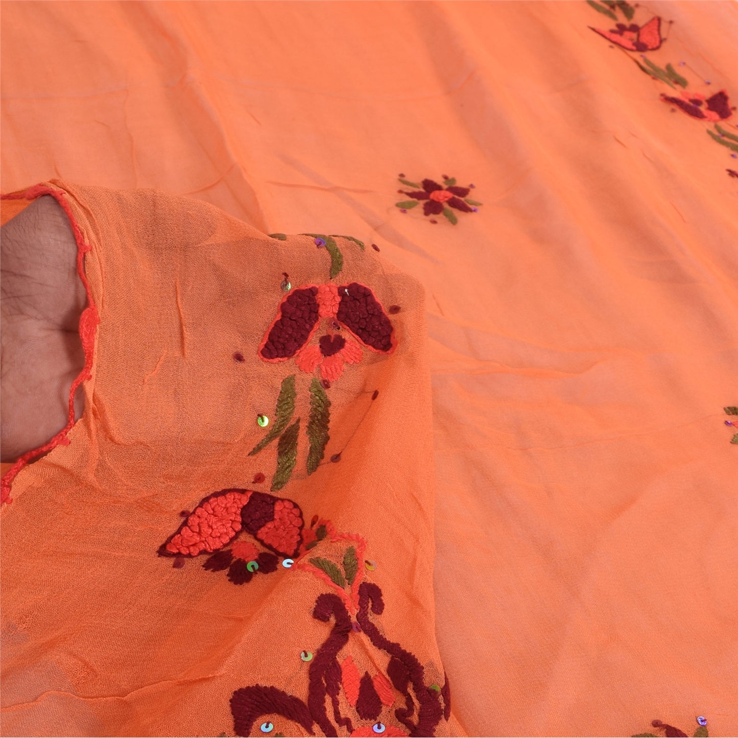 Sanskriti Vintage Orange Dupatta Long Stole Pure Georgette Embroidered Wrap Veil