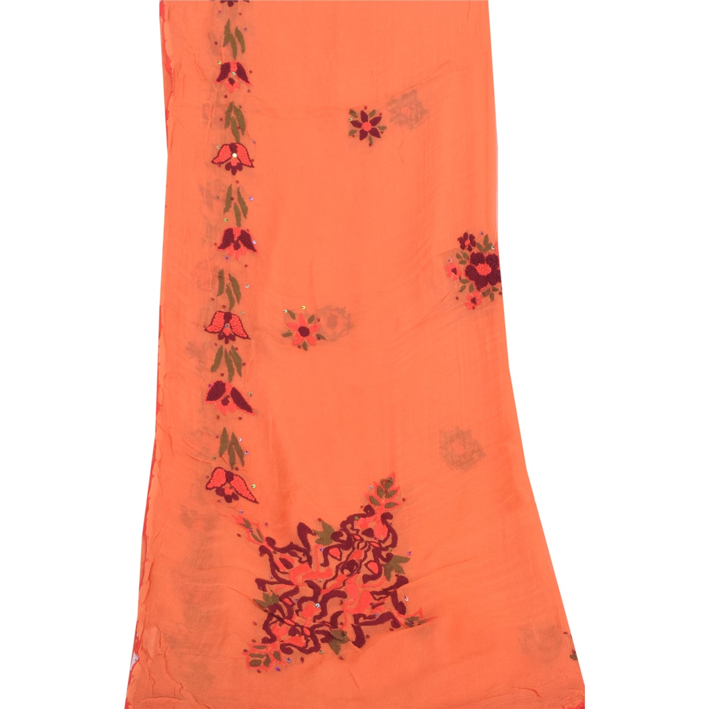 Sanskriti Vintage Orange Dupatta Long Stole Pure Georgette Embroidered Wrap Veil