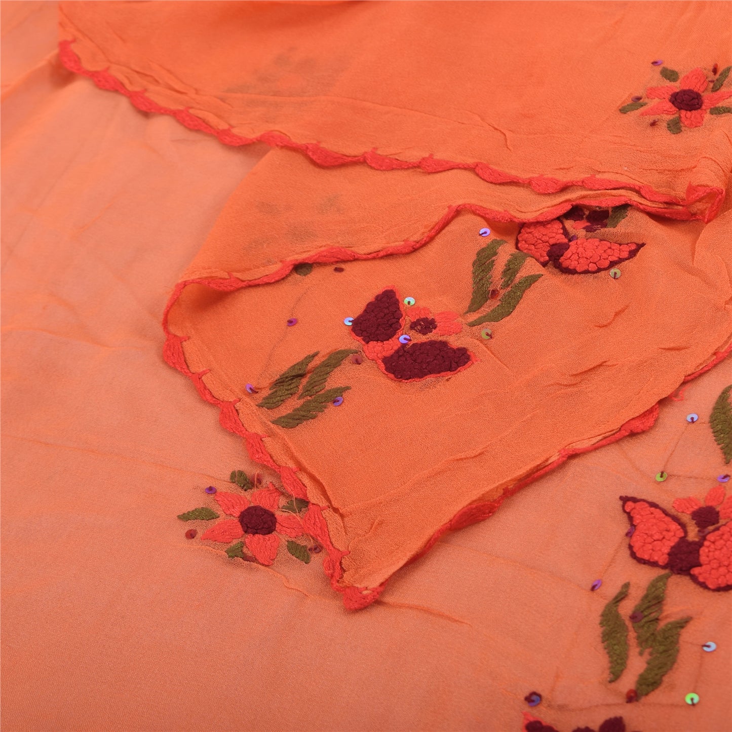 Sanskriti Vintage Orange Dupatta Long Stole Pure Georgette Embroidered Wrap Veil