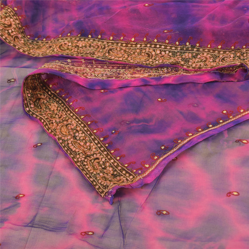 Sanskriti Vintage Long Dupatta/Stole Pure Chiffon Pink/Blue Tie-Dye Embroidered