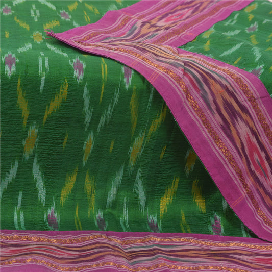 Sanskriti Vintage Lang Dupatta/Stålet Grøn Ren Silke Ikat Håndvævet Pochampally