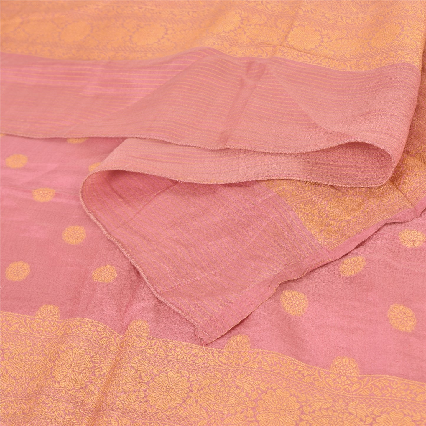 Sanskriti Vintage Long Dupatta/Stole Pure Silk Pink Golden Woven Scarf Wrap Veil