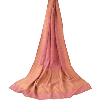 Sanskriti Vintage Long Dupatta/Stole Pure Silk Pink Golden Woven Scarf Wrap Veil