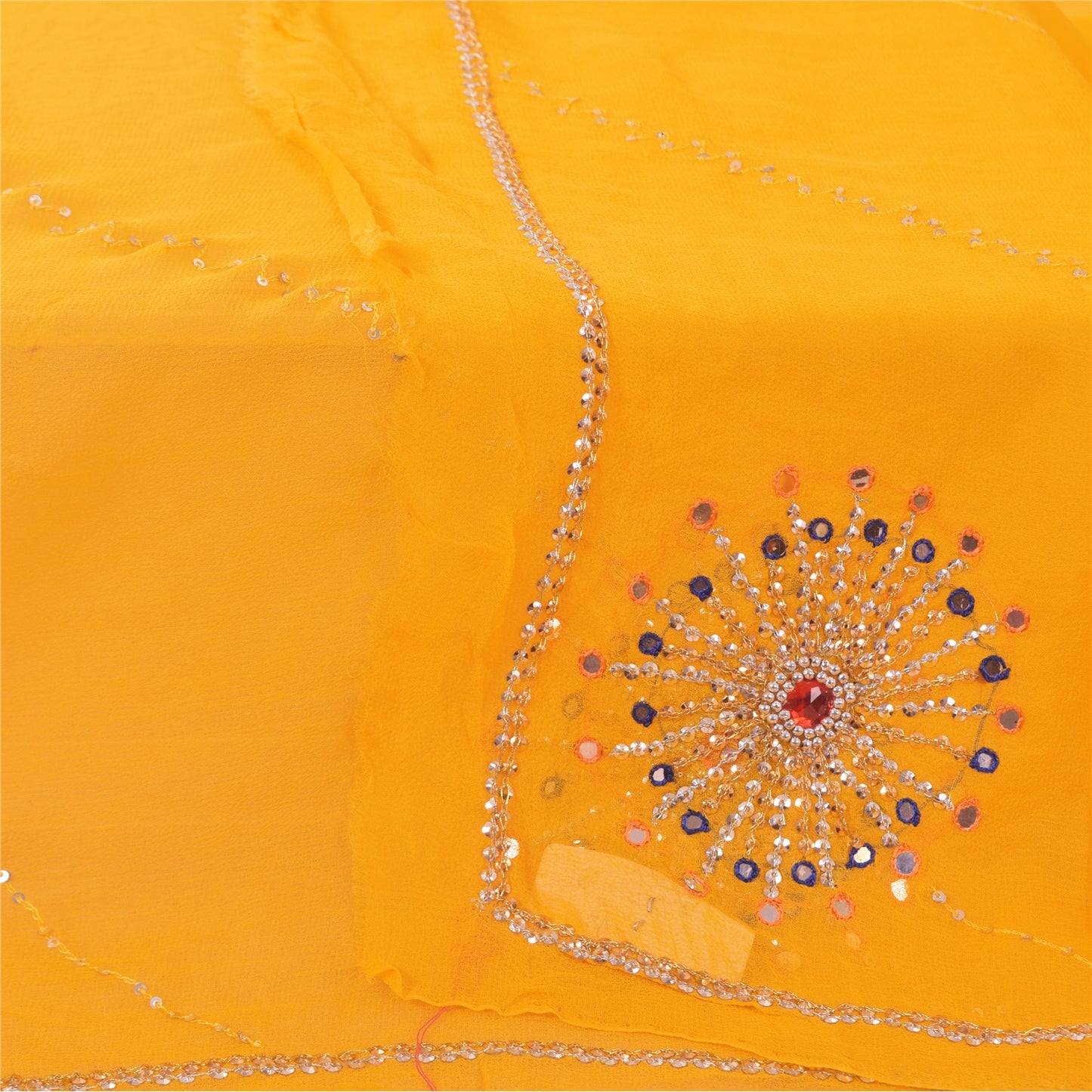 Sanskriti Vintage Yellow Dupatta Long Stole Pure Georgette Hand Beaded Wrap Veil