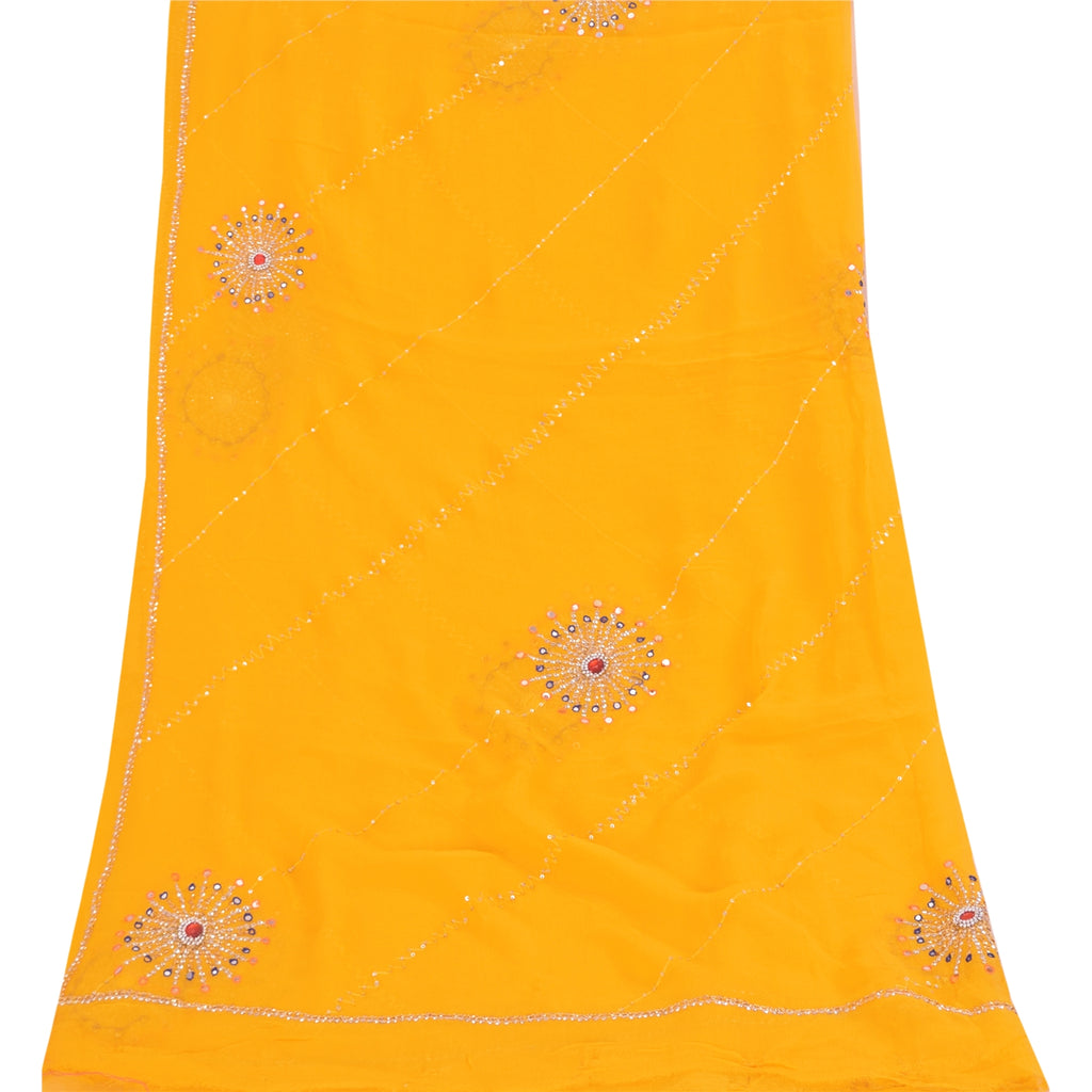 Sanskriti Vintage Yellow Dupatta Long Stole Pure Georgette Hand Beaded Wrap Veil