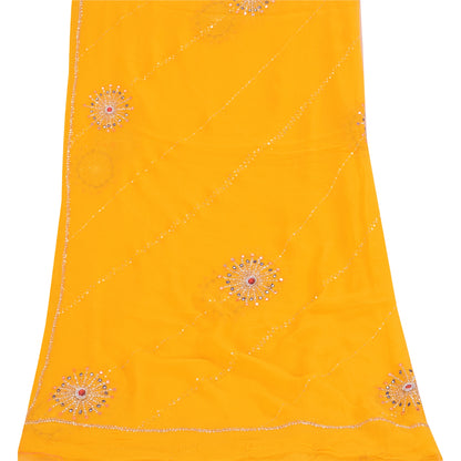 Sanskriti Vintage Yellow Dupatta Long Stole Pure Georgette Hand Beaded Wrap Veil