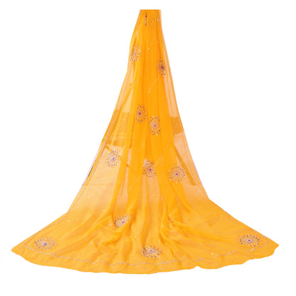 Sanskriti Vintage Yellow Dupatta Long Stole Pure Georgette Hand Beaded Wrap Veil