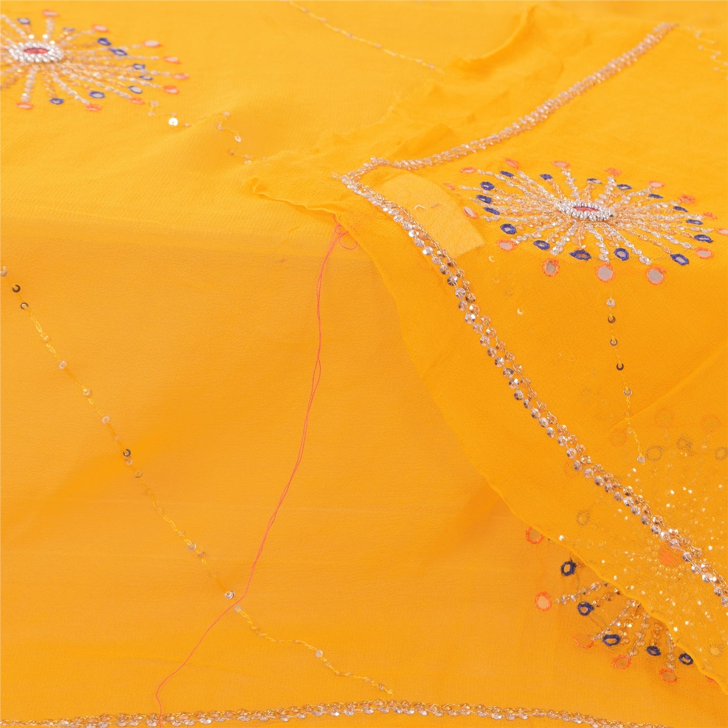 Sanskriti Vintage Yellow Dupatta Long Stole Pure Georgette Hand Beaded Wrap Veil