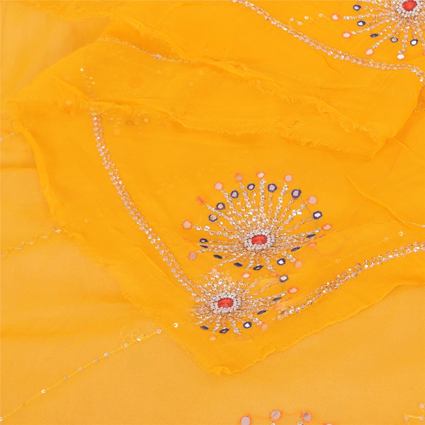 Sanskriti Vintage Yellow Dupatta Long Stole Pure Georgette Hand Beaded Wrap Veil
