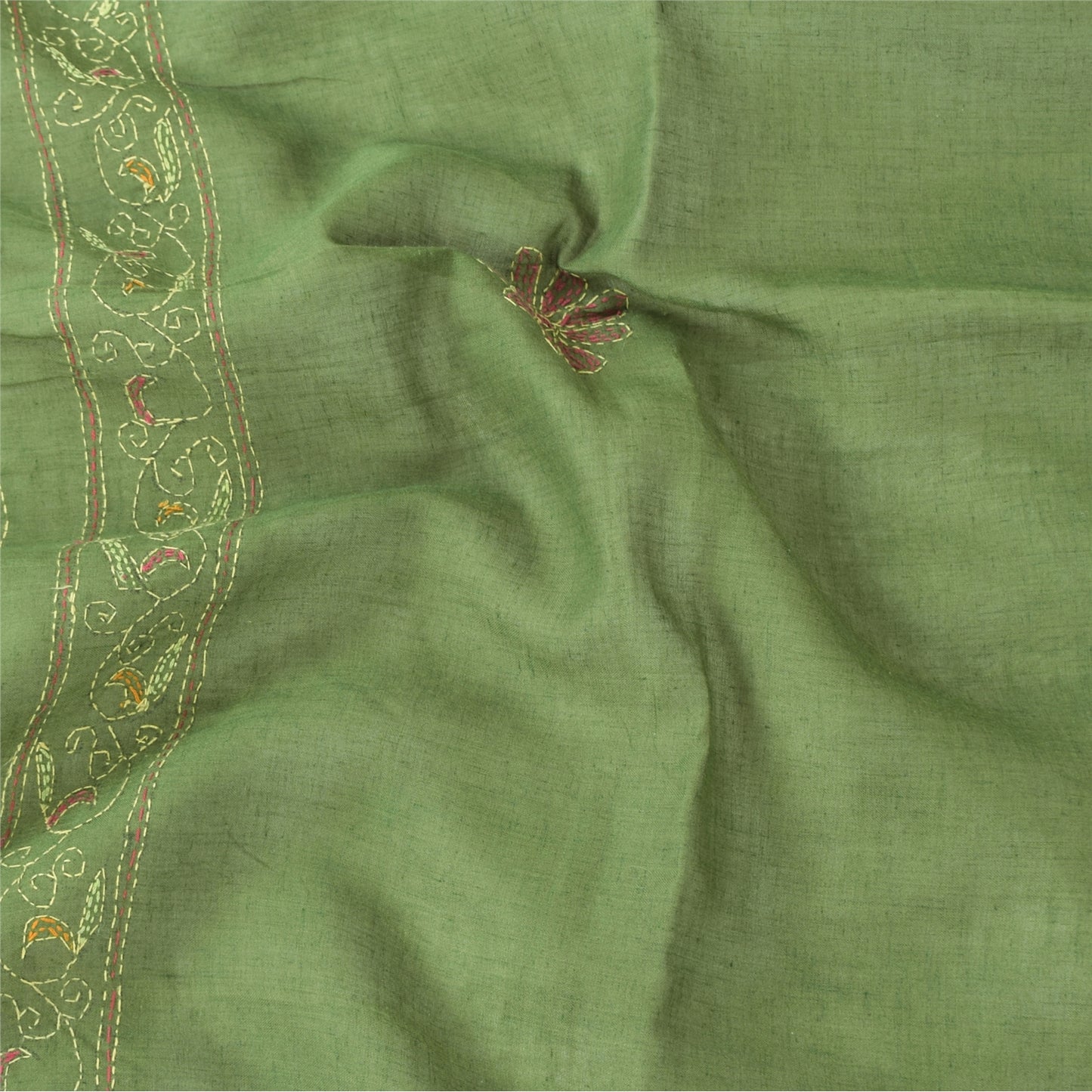 Sanskriti Vintage Green Dupatta Long Stole Pure Cotton Hand Embroidered Scarves