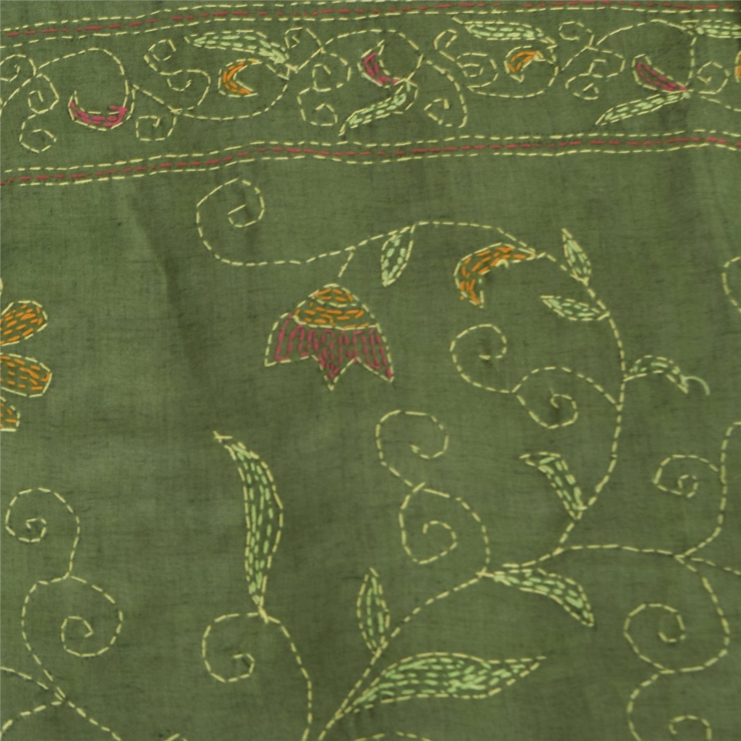 Sanskriti Vintage Green Dupatta Long Stole Pure Cotton Hand Embroidered Scarves