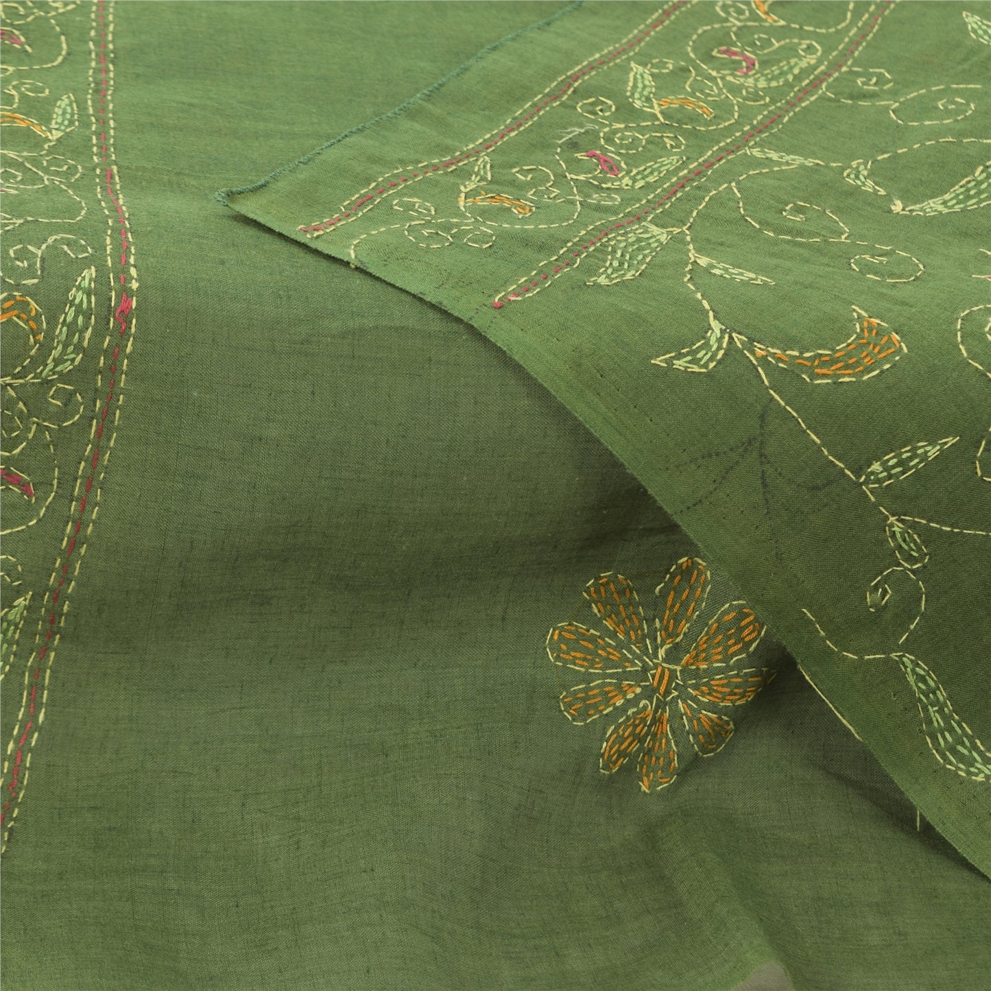 Sanskriti Vintage Green Dupatta Long Stole Pure Cotton Hand Embroidered Scarves