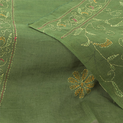 Sanskriti Vintage Green Dupatta Long Stole Pure Cotton Hand Embroidered Scarves