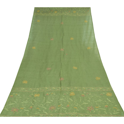 Sanskriti Vintage Green Dupatta Long Stole Pure Cotton Hand Embroidered Scarves