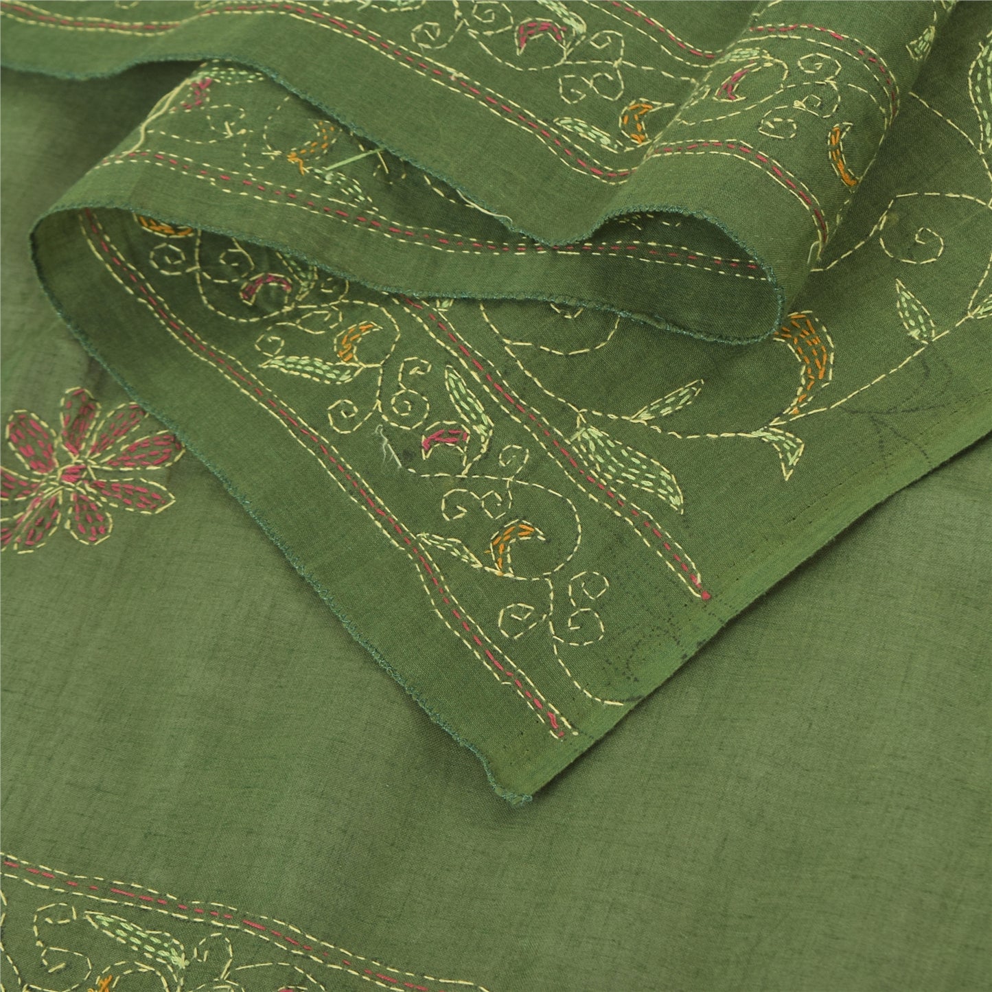Sanskriti Vintage Green Dupatta Long Stole Pure Cotton Hand Embroidered Scarves