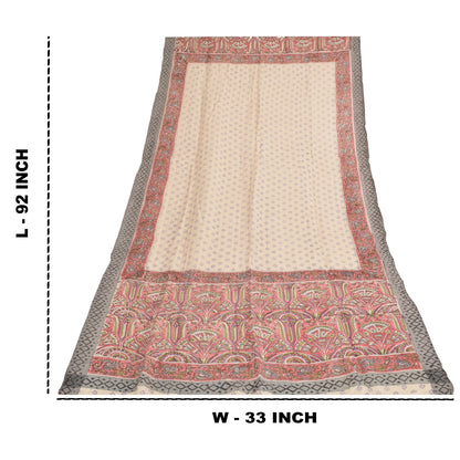 Sanskriti Vintage Ivory/Red Dupatta Long Stole Cotton Silk Printed Woven Scarves
