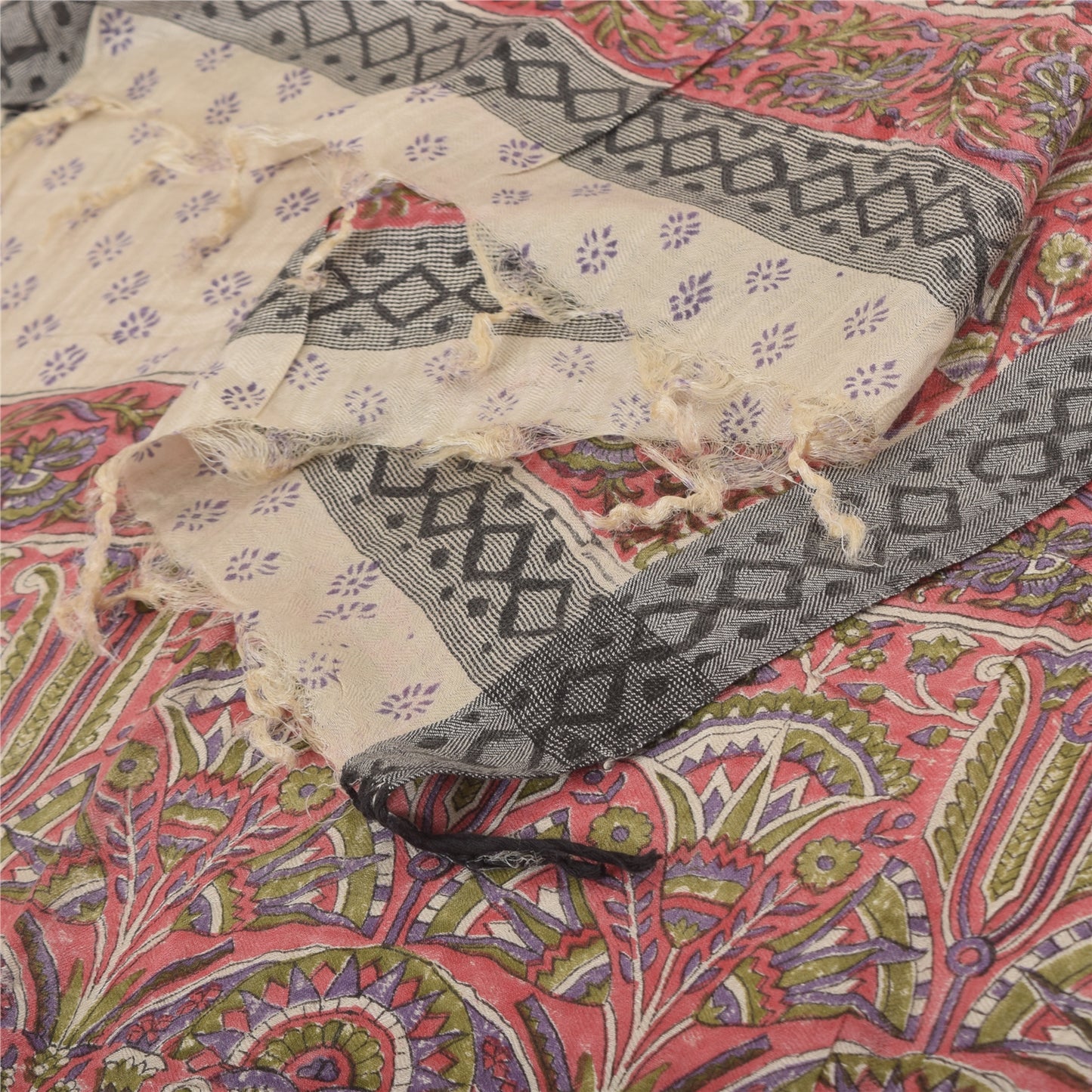 Sanskriti Vintage Ivory/Red Dupatta Long Stole Cotton Silk Printed Woven Scarves