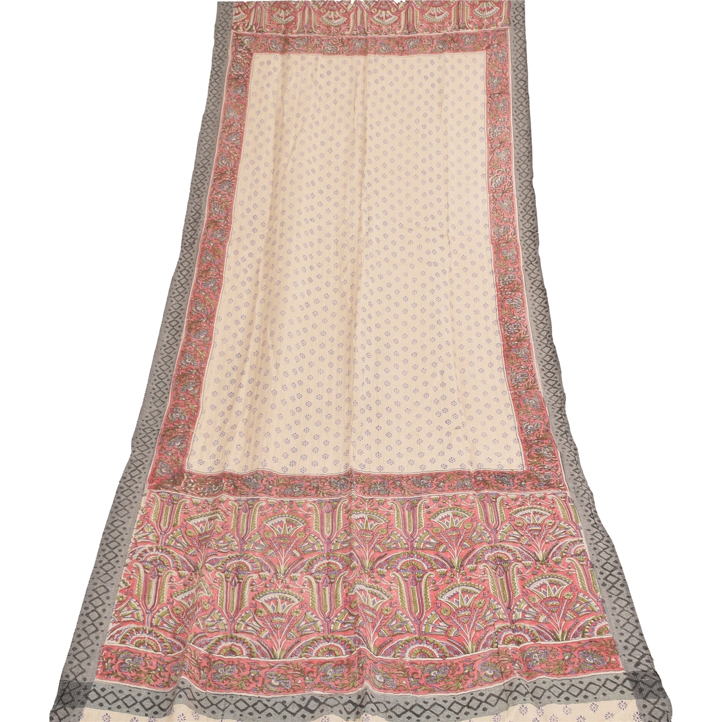 Sanskriti Vintage Ivory/Red Dupatta Long Stole Cotton Silk Printed Woven Scarves