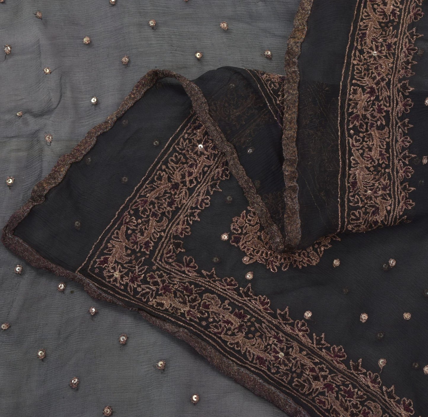 Sanskriti Vintage Black Pure Chiffon Silk Dupatta Stole Embroidered Zari Sequins