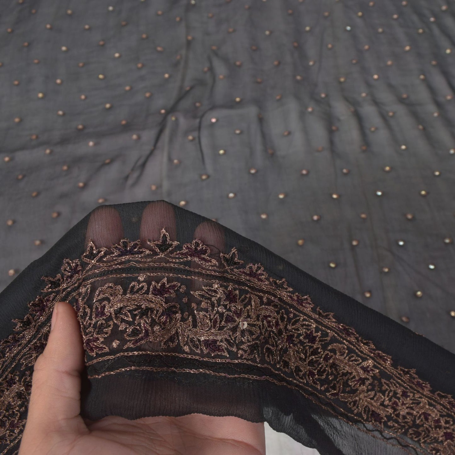 Sanskriti Vintage Black Pure Chiffon Silk Dupatta Stole Embroidered Zari Sequins