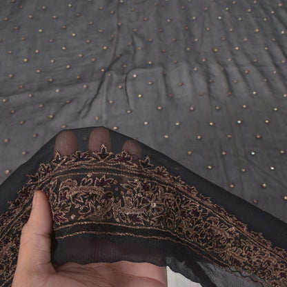 Sanskriti Vintage Black Pure Chiffon Silk Dupatta Stole Embroidered Zari Sequins