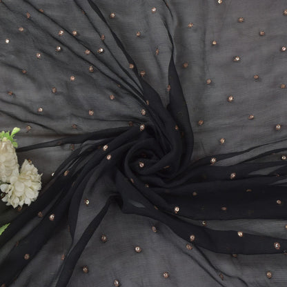Sanskriti Vintage Black Pure Chiffon Silk Dupatta Stole Embroidered Zari Sequins