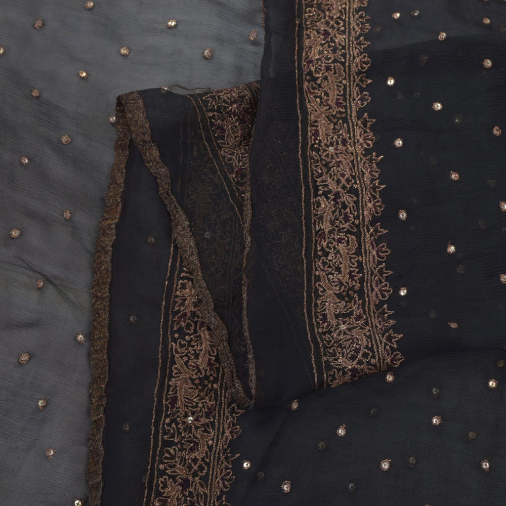 Sanskriti Vintage Black Pure Chiffon Silk Dupatta Stole Embroidered Zari Sequins