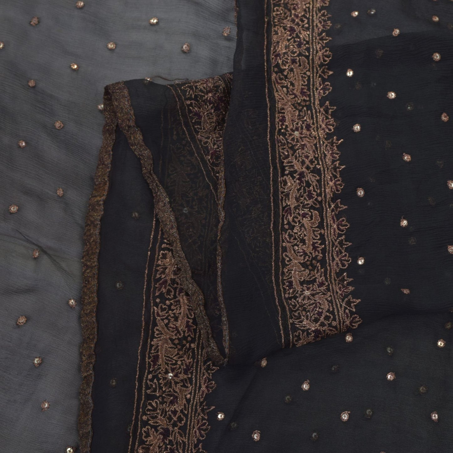 Sanskriti Vintage Black Pure Chiffon Silk Dupatta Stole Embroidered Zari Sequins