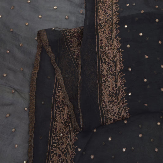 Sanskriti Vintage Black Pure Chiffon Silk Dupatta Stole Embroidered Zari Sequins
