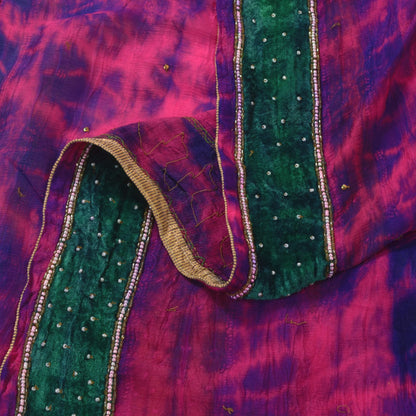 Sanskriti Vintage Pink-Purple Pure Silk Dupatta Stole Tie-Dye Hand Beaded Scarf