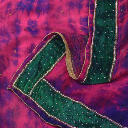 Sanskriti Vintage Pink-Purple Pure Silk Dupatta Stole Tie-Dye Hand Beaded Scarf