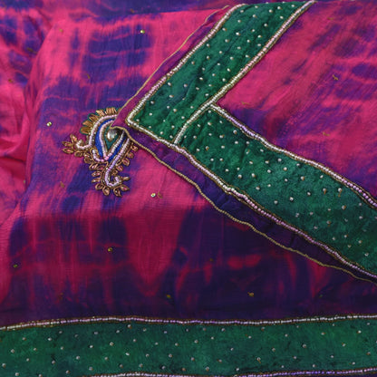 Sanskriti Vintage Pink-Purple Pure Silk Dupatta Stole Tie-Dye Hand Beaded Scarf