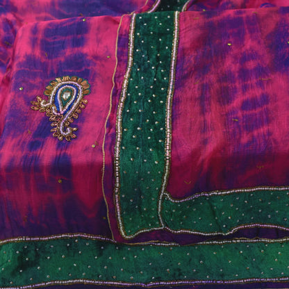 Sanskriti Vintage Pink-Purple Pure Silk Dupatta Stole Tie-Dye Hand Beaded Scarf