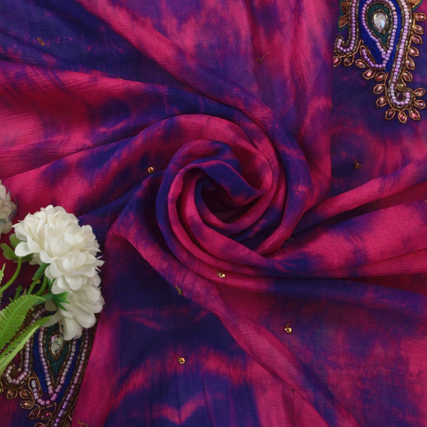 Sanskriti Vintage Pink-Purple Pure Silk Dupatta Stole Tie-Dye Hand Beaded Scarf