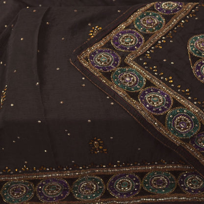 Sanskriti Vintage Black Soft Pure Chiffon Silk Dupatta Stole Hand Beaded Scarf