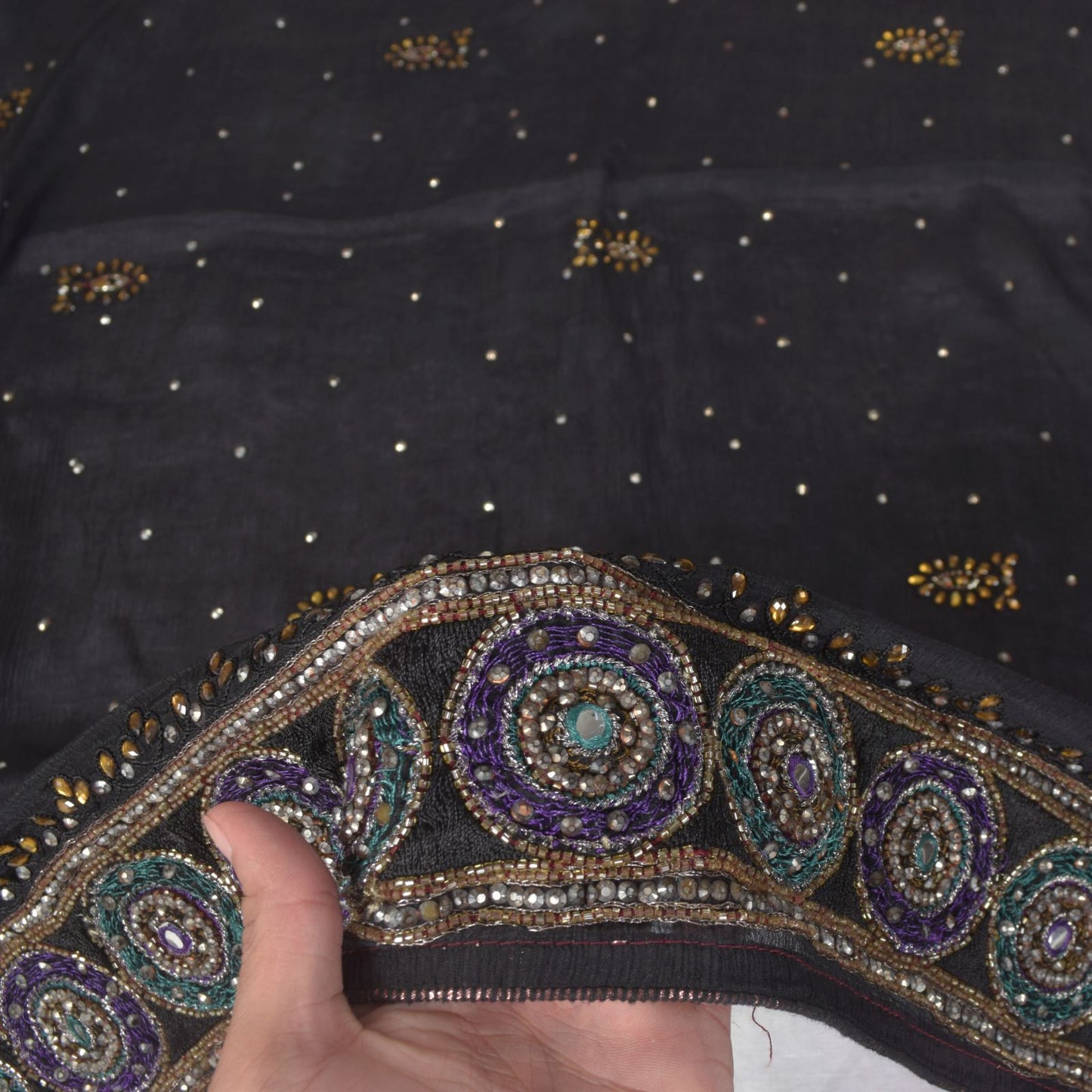 Sanskriti Vintage Black Soft Pure Chiffon Silk Dupatta Stole Hand Beaded Scarf