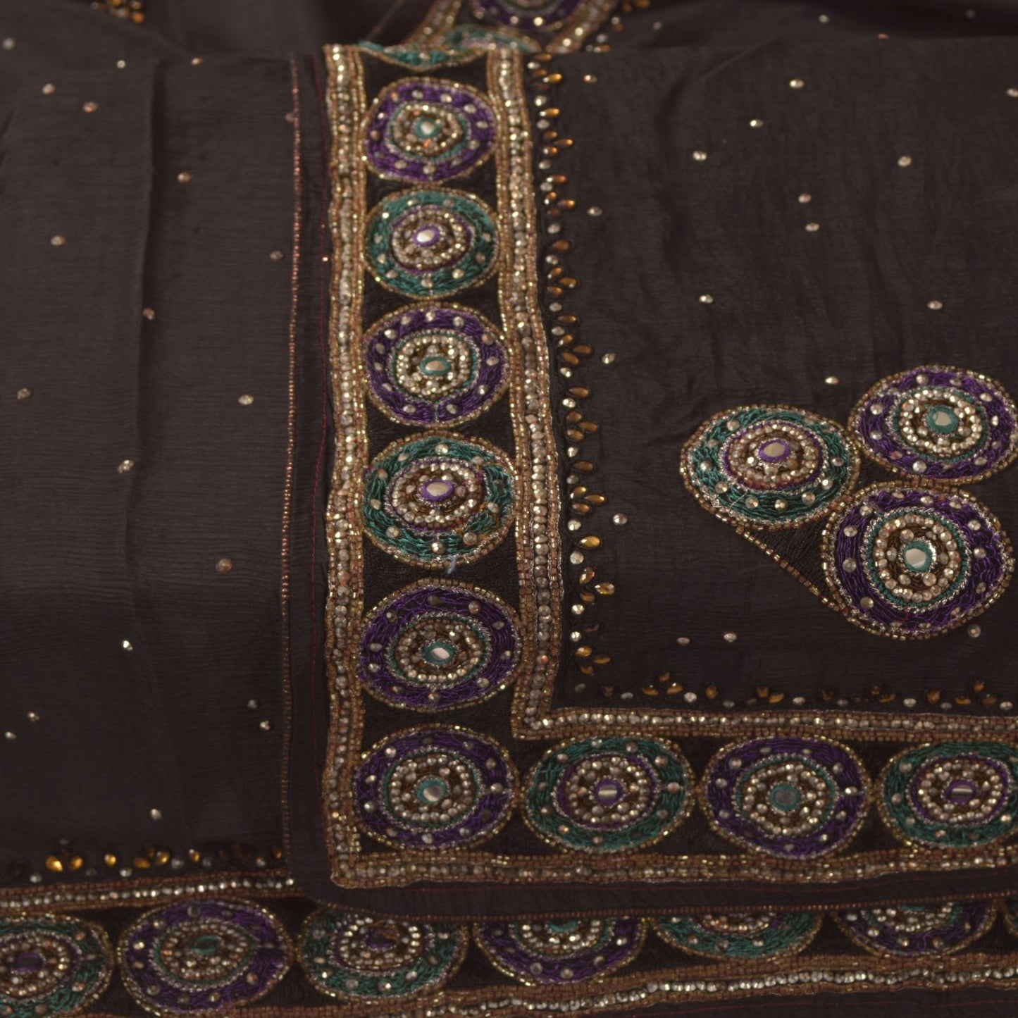 Sanskriti Vintage Black Soft Pure Chiffon Silk Dupatta Stole Hand Beaded Scarf