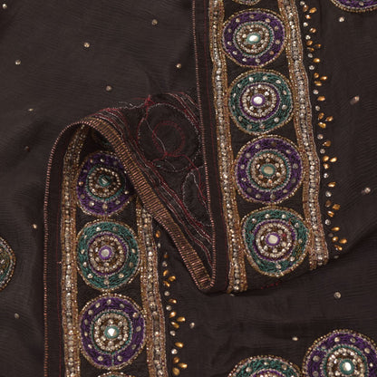 Sanskriti Vintage Black Soft Pure Chiffon Silk Dupatta Stole Hand Beaded Scarf