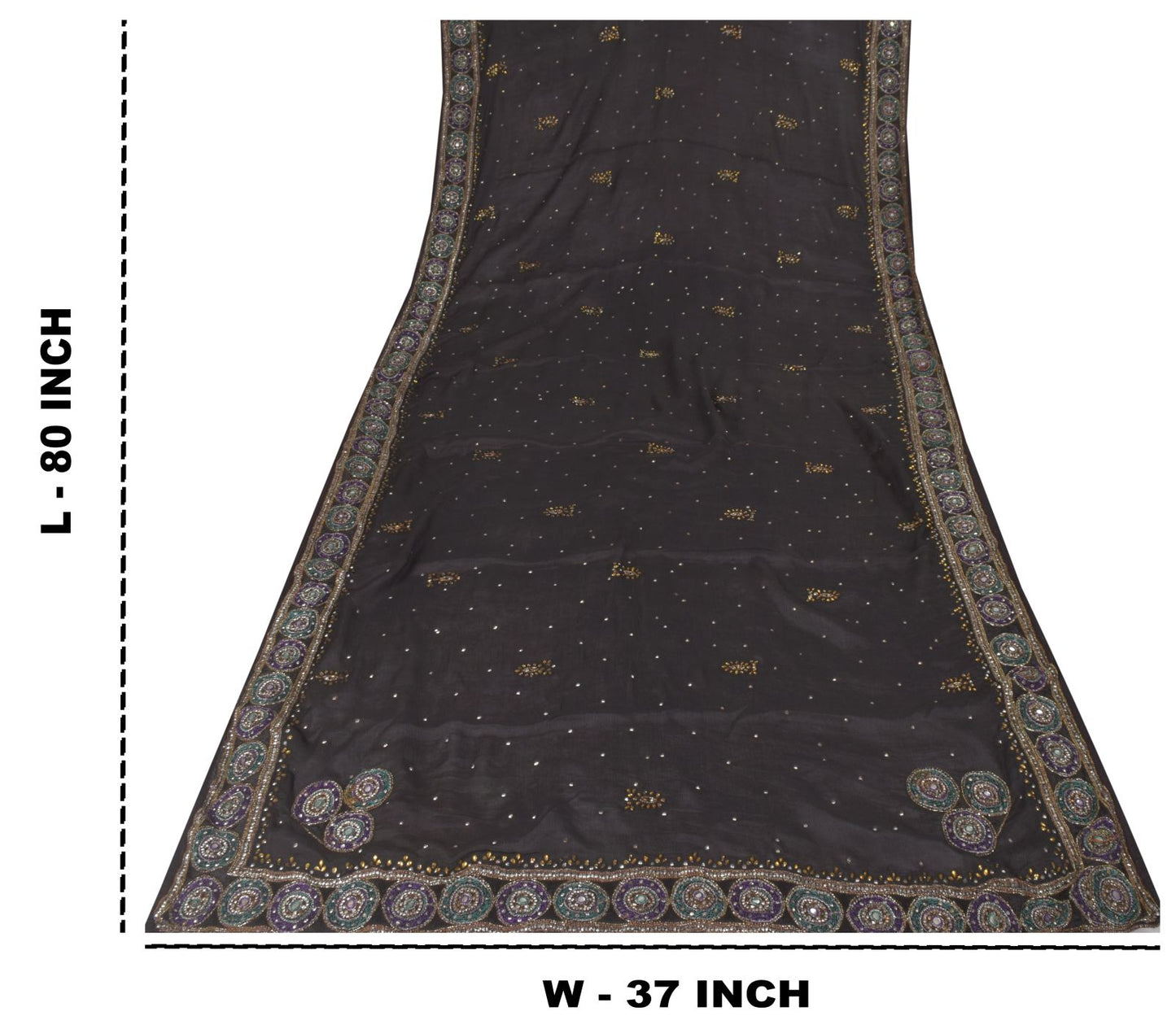 Sanskriti Vintage Black Soft Pure Chiffon Silk Dupatta Stole Hand Beaded Scarf