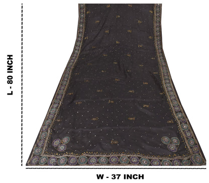 Sanskriti Vintage Black Soft Pure Chiffon Silk Dupatta Stole Hand Beaded Scarf