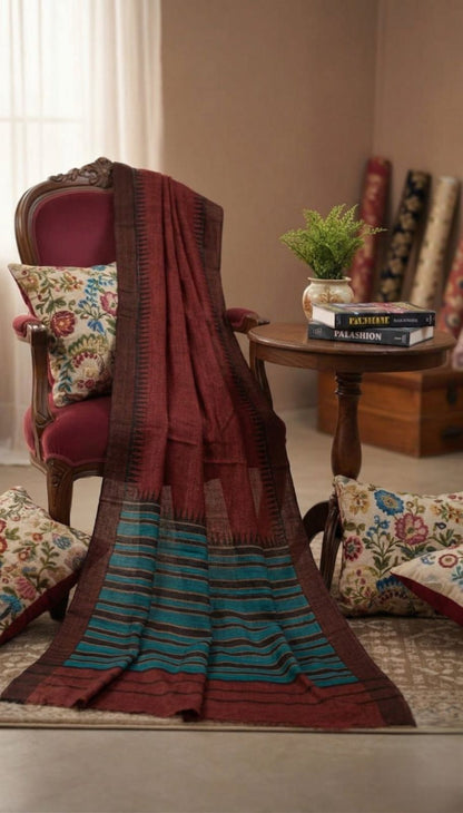 Sanskriti Vintage Red-Blue 100% Pure Woolen Dupatta Stole Woven Work Scarf Veil