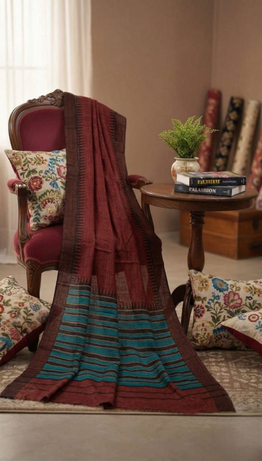 Sanskriti Vintage Red-Blue 100% Pure Woolen Dupatta Stole Woven Work Scarf Veil