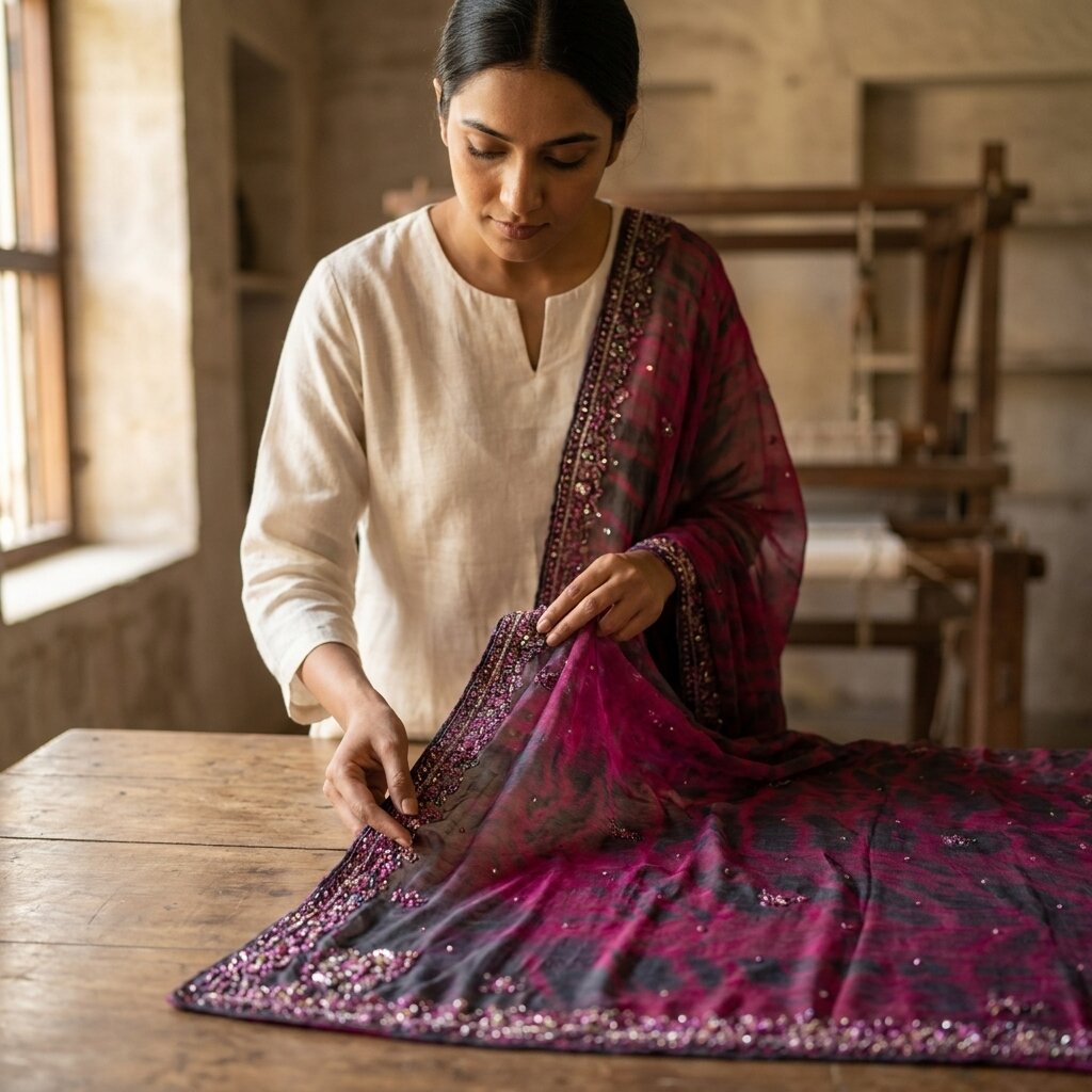 Sanskriti Vintage Dupatta/Stole Purple Pure Chiffon Silk Tie-Dye-Hand Bead Veil