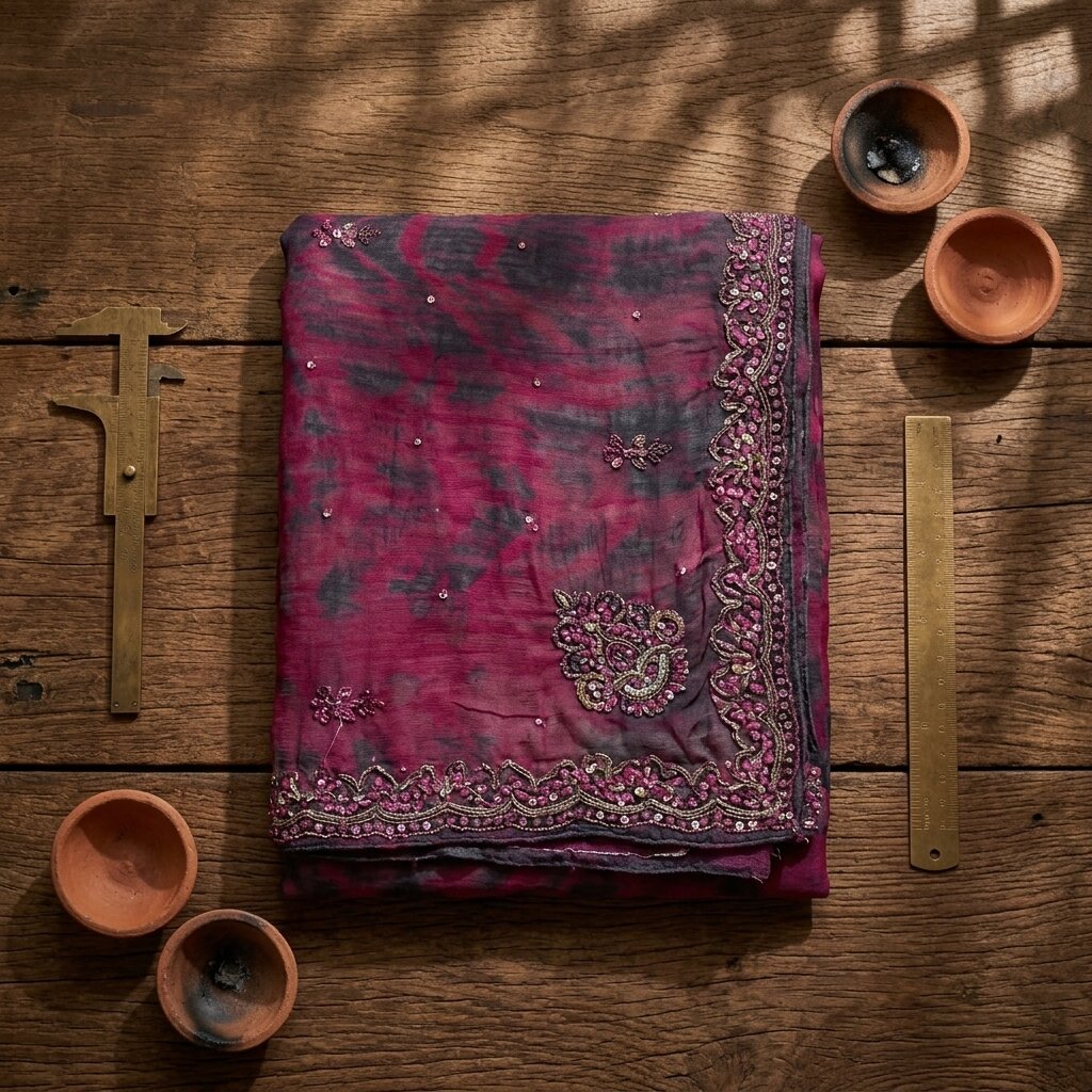 Sanskriti Vintage Dupatta/Stole Purple Pure Chiffon Silk Tie-Dye-Hand Bead Veil