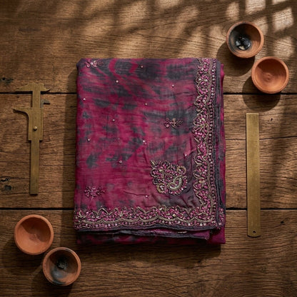 Sanskriti Vintage Dupatta/Stole Purple Pure Chiffon Silk Tie-Dye-Hand Bead Veil