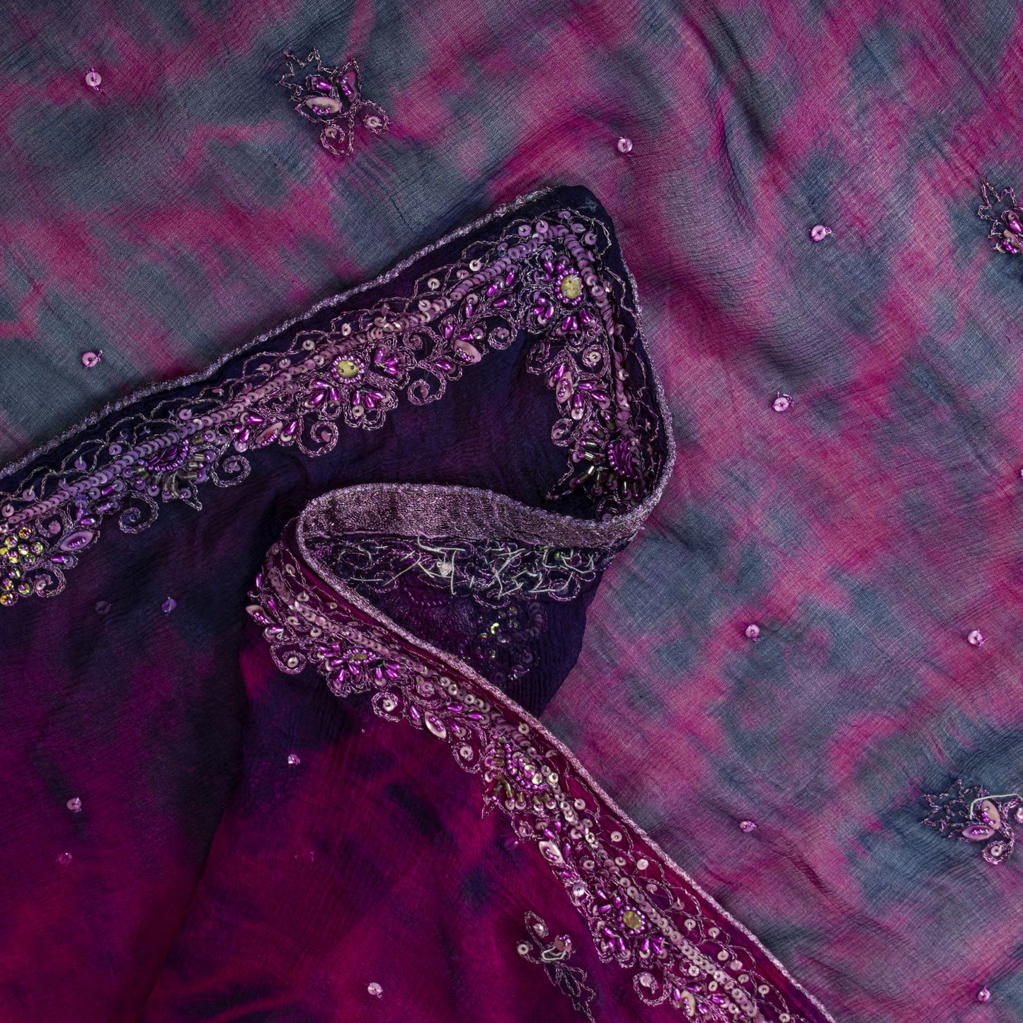 Sanskriti Vintage Dupatta/Stole Purple Pure Chiffon Silk Tie-Dye-Hand Bead Veil