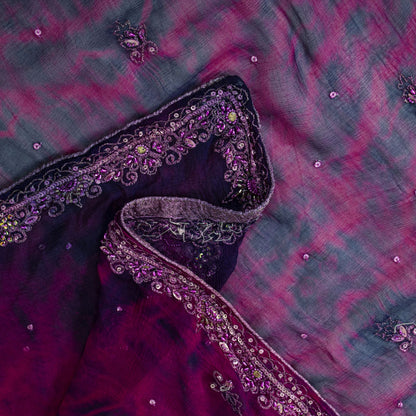 Sanskriti Vintage Dupatta/Stole Purple Pure Chiffon Silk Tie-Dye-Hand Bead Veil