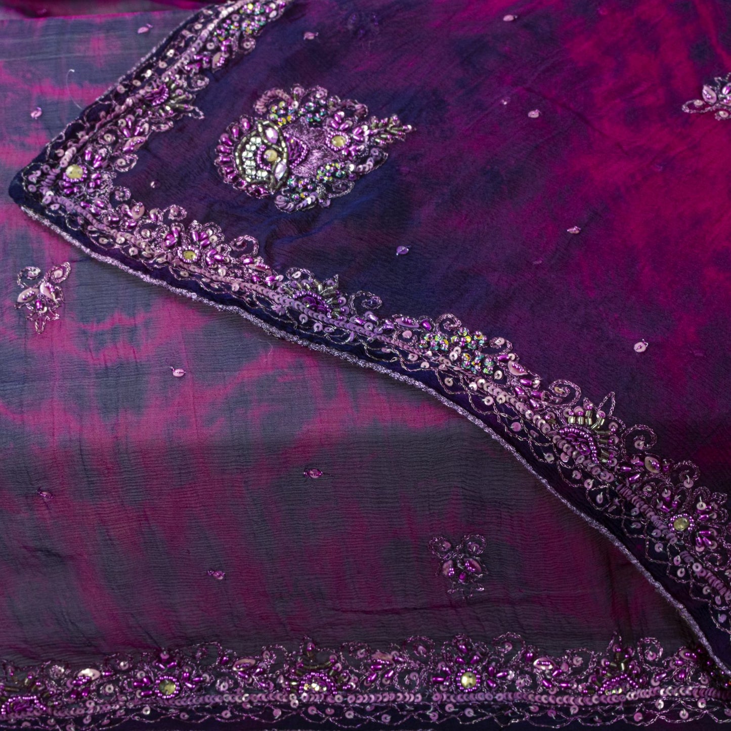 Sanskriti Vintage Dupatta/Stole Purple Pure Chiffon Silk Tie-Dye-Hand Bead Veil